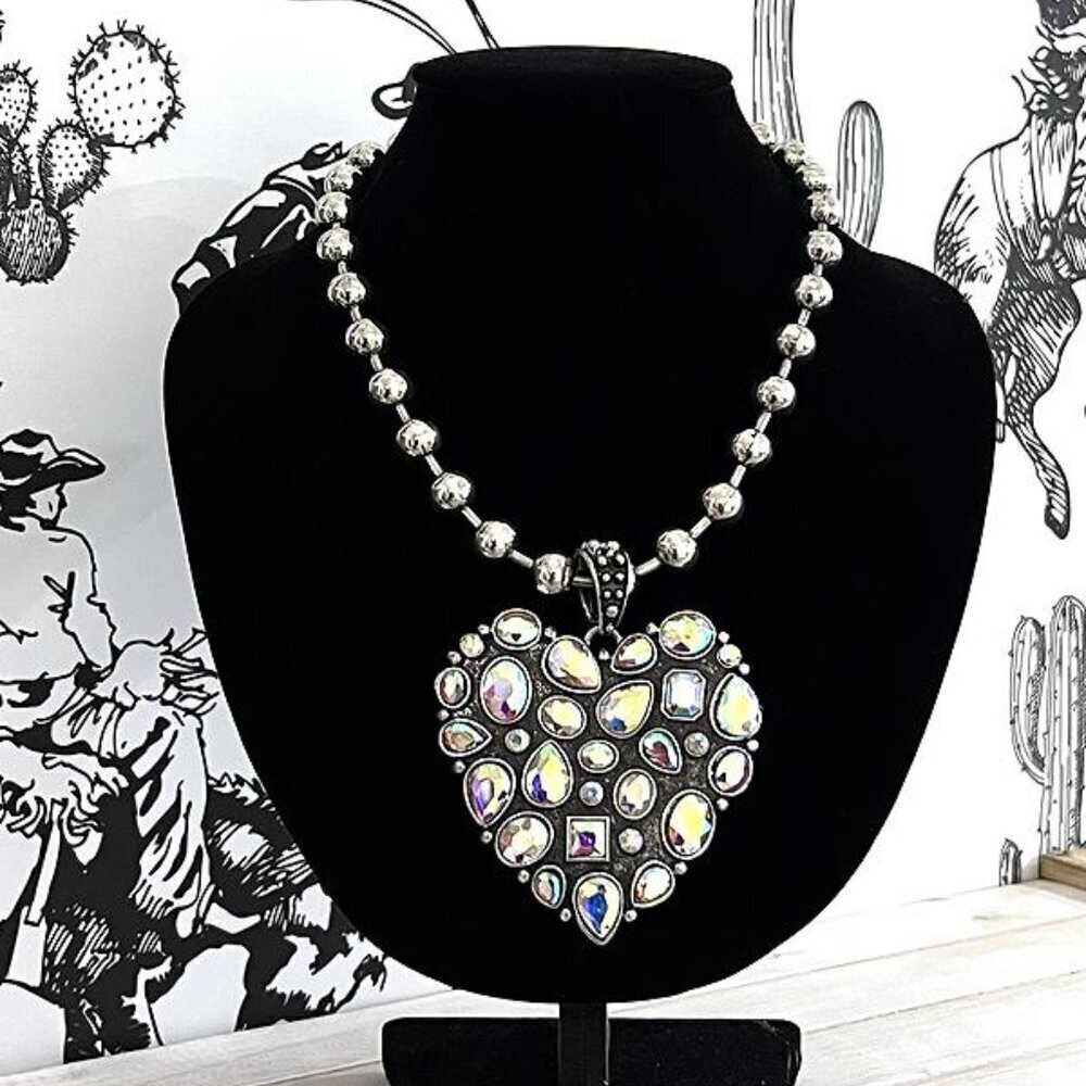 Chunky Aurora Borealis Pastel Rainbow Crystal Western Silver Heart Necklace